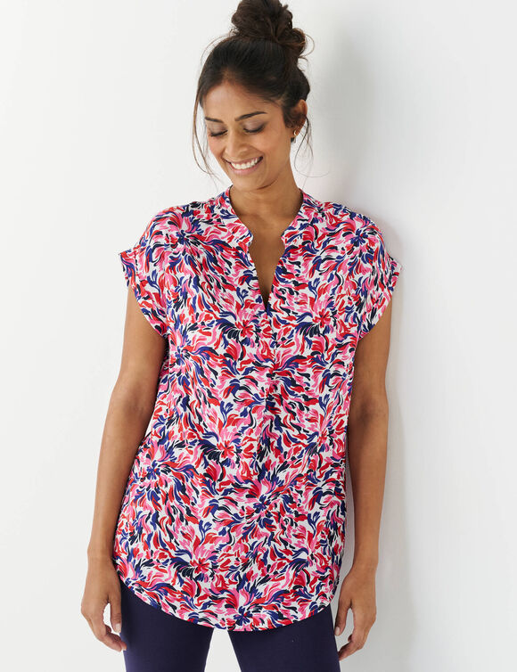 Tunique manches à revers,  imprimé multicolore  (écru / rouge) Tunique manches à revers,  imprimé multicolore  (écru / rouge)